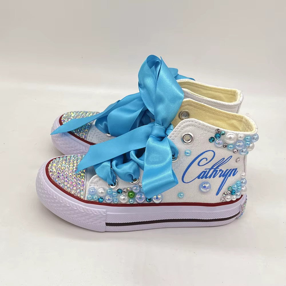 White & blue handmade blingy pearl shoes