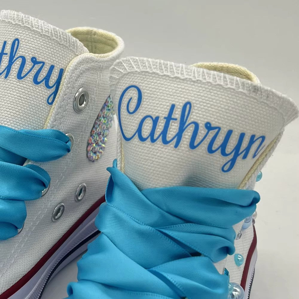 White & blue handmade blingy pearl shoes