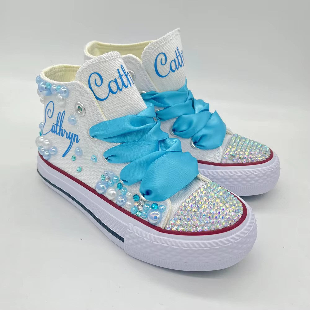 White & blue handmade blingy pearl shoes
