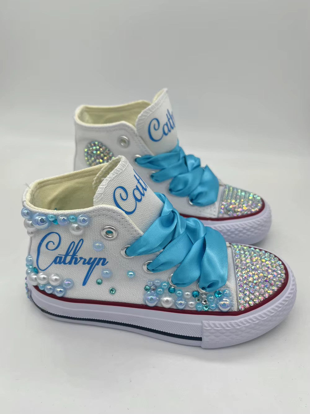 White & blue handmade blingy pearl shoes