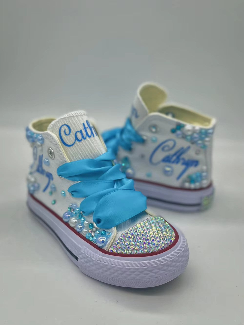 White & blue handmade blingy pearl shoes